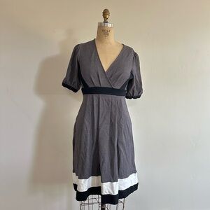 Calvin Klein Gray Puff-Sleeve Midi Dress with Black Waistband and White Hem